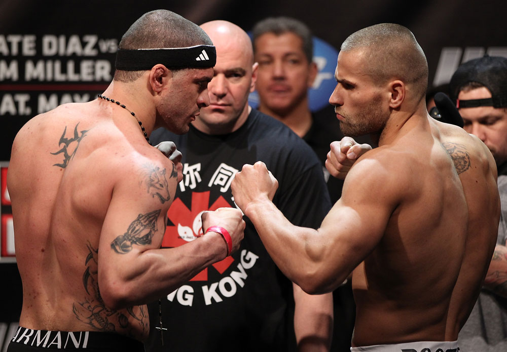 EAST RUTHERFORD, NJ - MAY 04: (L-R) Opponents Mike Massenzio and Karlos Vemola face off after weighing in during the UFC on FOX official weigh in at Izod Center on May 4, 2012 in East Rutherford, New Jersey. (Photo by Josh Hedges/Zuffa LLC/Zuffa LLC via Getty Images)