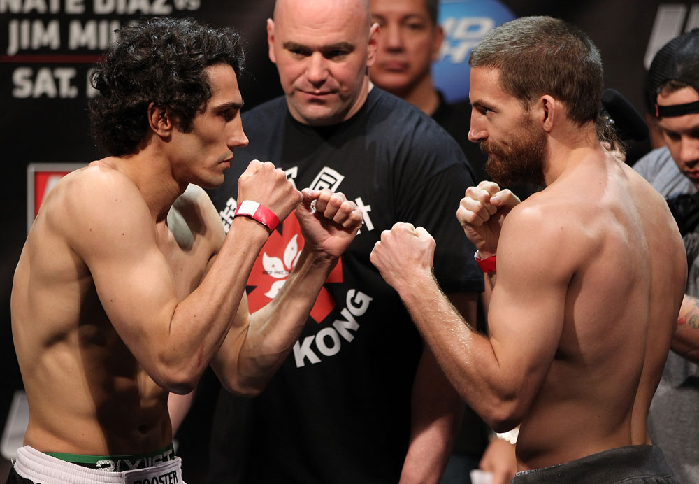 EAST RUTHERFORD, NJ - MAY 04: (L-R) Opponents Roland Delorme and Nick Denis face off after weighing in during the UFC on FOX official weigh in at Izod Center on May 4, 2012 in East Rutherford, New Jersey. (Photo by Josh Hedges/Zuffa LLC/Zuffa LLC via Getty Images)