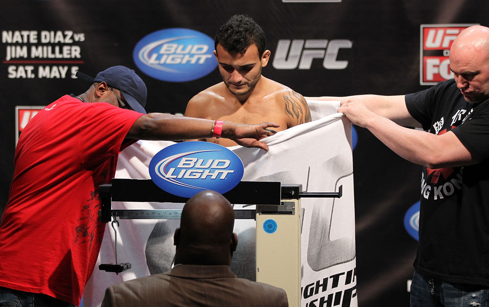 EAST RUTHERFORD, NJ - MAY 04: John Lineker weighs in during the UFC on FOX official weigh in at Izod Center on May 4, 2012 in East Rutherford, New Jersey. (Photo by Josh Hedges/Zuffa LLC/Zuffa LLC via Getty Images)