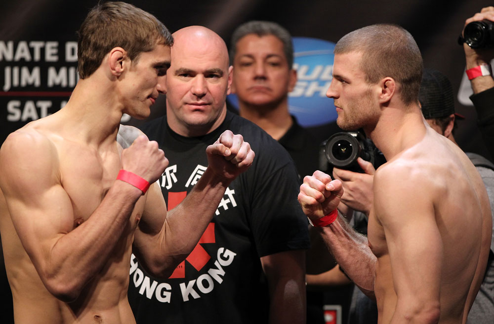 EAST RUTHERFORD, NJ - MAY 04: (L-R) Welterweight opponents John Hathaway and Pascal Krauss face off after weighing in during the UFC on FOX official weigh in at Izod Center on May 4, 2012 in East Rutherford, New Jersey. (Photo by Josh Hedges/Zuffa LLC/Zuffa LLC via Getty Images)