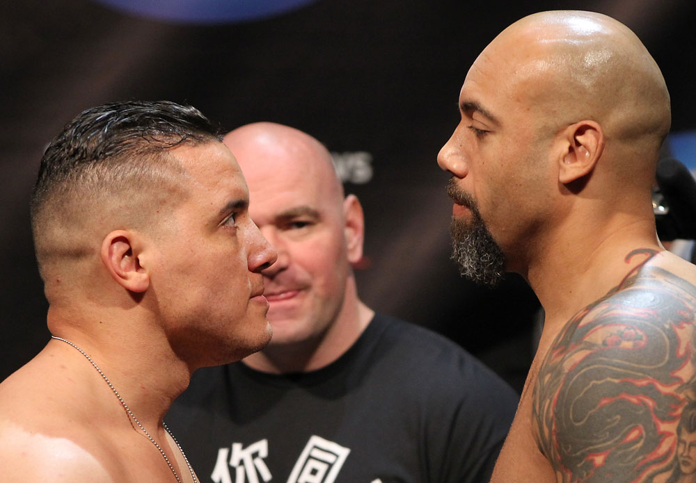 EAST RUTHERFORD, NJ - MAY 04: (L-R) Heavyweight opponents Pat Barry and Lavar Johnson face off after weighing in during the UFC on FOX official weigh in at Izod Center on May 4, 2012 in East Rutherford, New Jersey. (Photo by Josh Hedges/Zuffa LLC/Zuffa LLC via Getty Images)