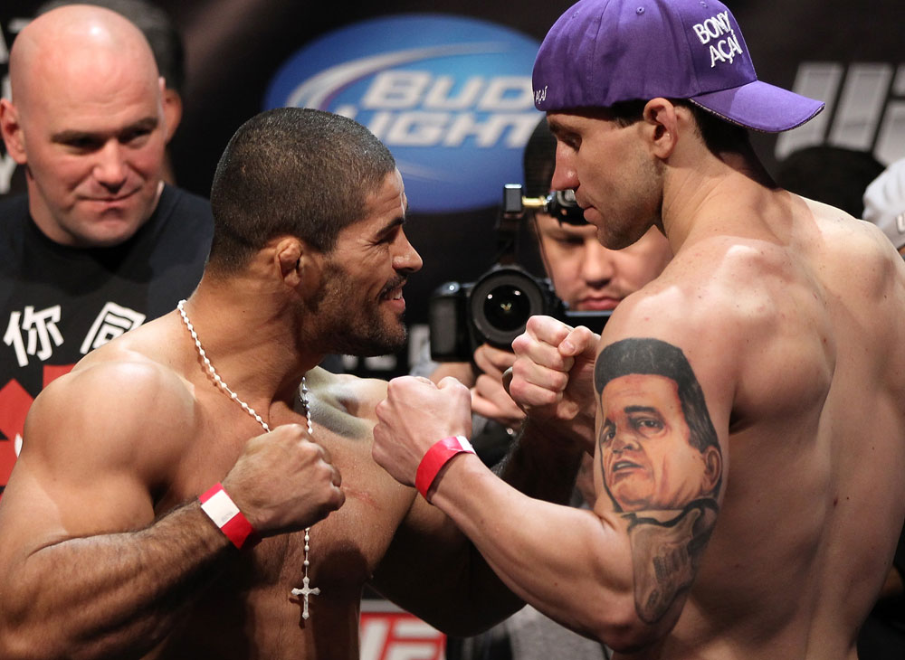 EAST RUTHERFORD, NJ - MAY 04: (L-R) Middleweight opponents Rousimar Palhares and Alan Belcher face off after weighing in during the UFC on FOX official weigh in at Izod Center on May 4, 2012 in East Rutherford, New Jersey. (Photo by Josh Hedges/Zuffa LLC/Zuffa LLC via Getty Images)