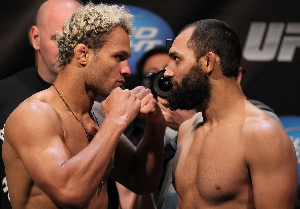 EAST RUTHERFORD, NJ - MAY 04: (L-R) Welterweight opponents Josh Koscheck and Johny Hendricks face off after weighing in during the UFC on FOX official weigh in at Izod Center on May 4, 2012 in East Rutherford, New Jersey. (Photo by Josh Hedges/Zuffa LLC/Zuffa LLC via Getty Images)