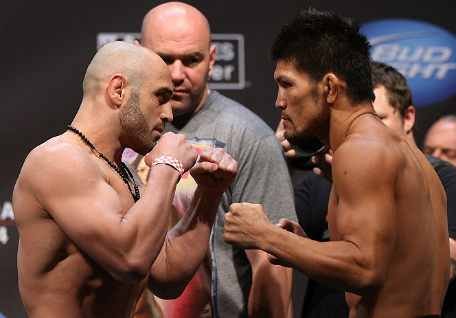 LOS ANGELES - AUGUST 03: (L-R) Opponents Manny Gamburyan and Michihiro Omigawa face off during the UFC on FOX weigh in at Staples Center on August 3, 2012 in Los Angeles, California. (Photo by Josh Hedges/Zuffa LLC/Zuffa LLC via Getty Images)