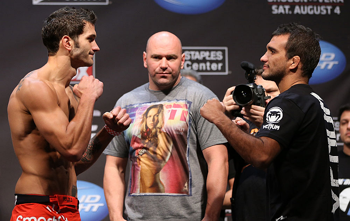 LOS ANGELES - AUGUST 03: (L-R) Opponents Josh Grispi and Rany Yahya face offduring the UFC on FOX weigh in at Staples Center on August 3, 2012 in Los Angeles, California. (Photo by Josh Hedges/Zuffa LLC/Zuffa LLC via Getty Images)