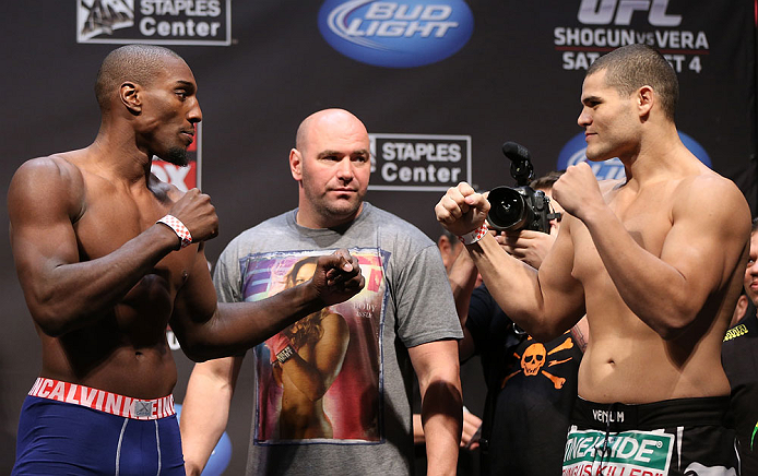 LOS ANGELES - AUGUST 03: (L-R) Opponents Phil Davis and Wagner Prado during the UFC on FOX weigh in at Staples Center on August 3, 2012 in Los Angeles, California. (Photo by Josh Hedges/Zuffa LLC/Zuffa LLC via Getty Images)