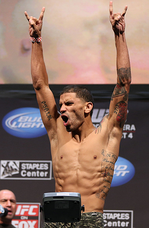 LOS ANGELES - AUGUST 03: DaMarques Johnson makes weight during the UFC on FOX weigh in at Staples Center on August 3, 2012 in Los Angeles, California. (Photo by Josh Hedges/Zuffa LLC/Zuffa LLC via Getty Images)