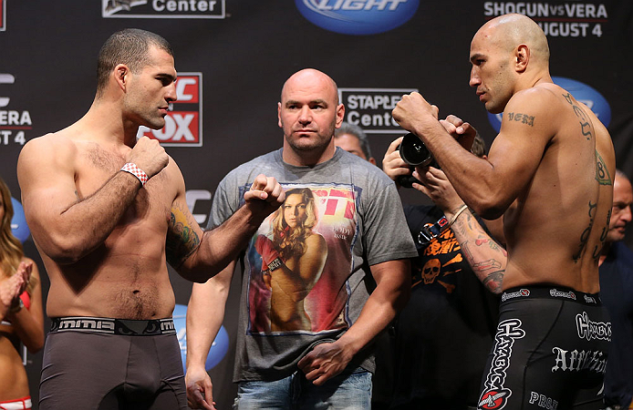LOS ANGELES - AUGUST 03: (L-R) Opponents Mauricio ''Shogun'' Rua and Brandon Vera face off during the UFC on FOX weigh in at Staples Center on August 3, 2012 in Los Angeles, California. (Photo by Josh Hedges/Zuffa LLC/Zuffa LLC via Getty Images)