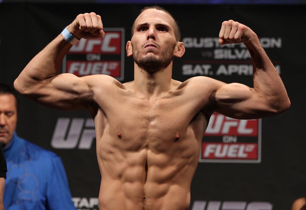 STOCKHOLM, SWEDEN - APRIL 13: Eric Wisely weighs in during the official UFC on Fuel TV weigh in event at Ericsson Globe on April 13, 2012 in Stockholm, Sweden. (Photo by Josh Hedges/Zuffa LLC/Zuffa LLC via Getty Images)