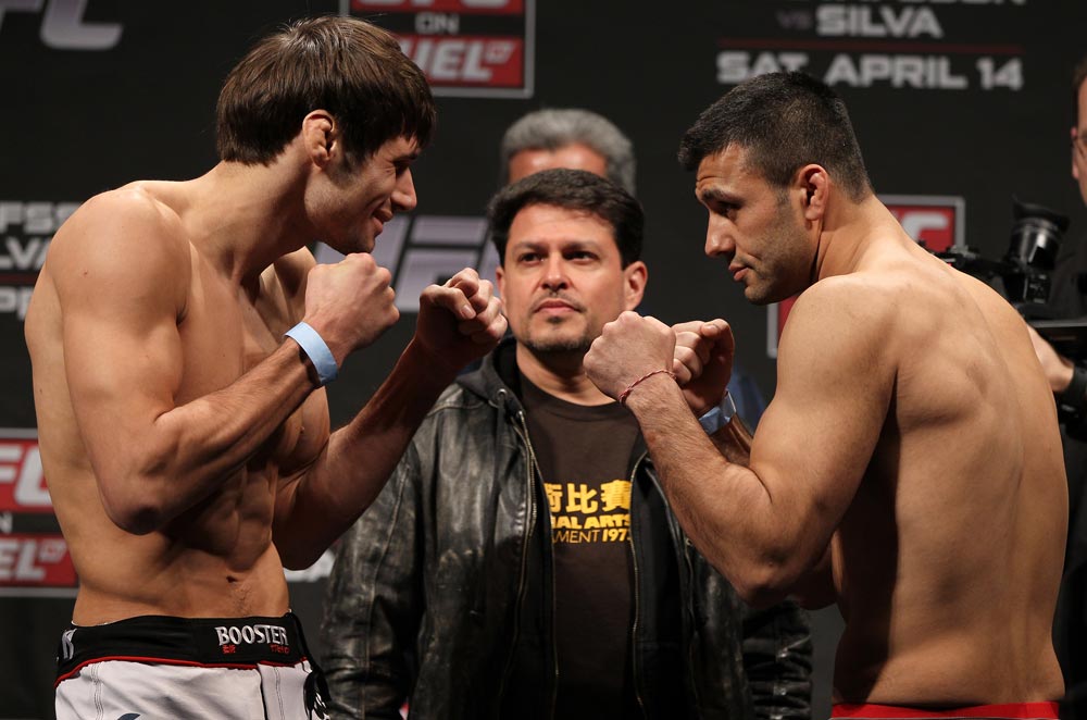 STOCKHOLM, SWEDEN - APRIL 13: (L-R) Welterweight opponents Simeon Thoresen and Besam Yousef face off after weighing in during the official UFC on Fuel TV weigh in event at Ericsson Globe on April 13, 2012 in Stockholm, Sweden. (Photo by Josh Hedges/Zuffa LLC/Zuffa LLC via Getty Images)