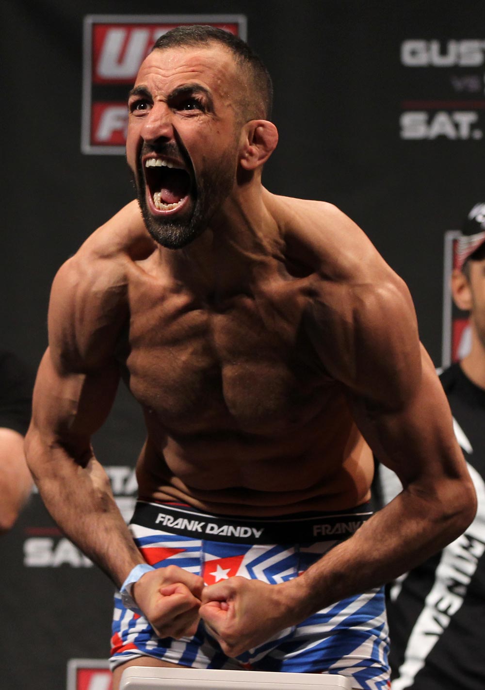 STOCKHOLM, SWEDEN - APRIL 13: Reza Madadi of Sweden weighs in during the official UFC on Fuel TV weigh in event at Ericsson Globe on April 13, 2012 in Stockholm, Sweden. (Photo by Josh Hedges/Zuffa LLC/Zuffa LLC via Getty Images)