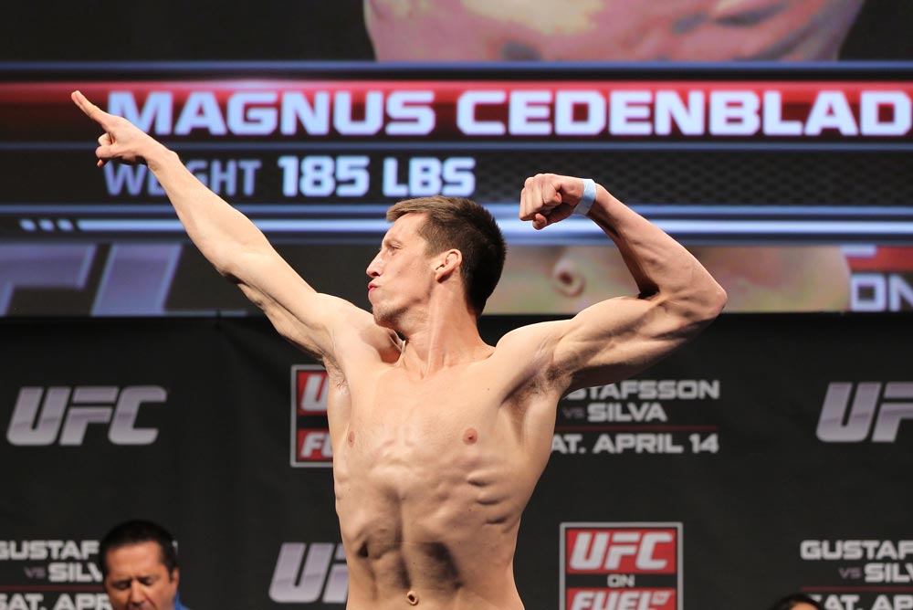 STOCKHOLM, SWEDEN - APRIL 13: Magnus Cedenblad of Sweden weighs in during the official UFC on Fuel TV weigh in event at Ericsson Globe on April 13, 2012 in Stockholm, Sweden. (Photo by Josh Hedges/Zuffa LLC/Zuffa LLC via Getty Images)