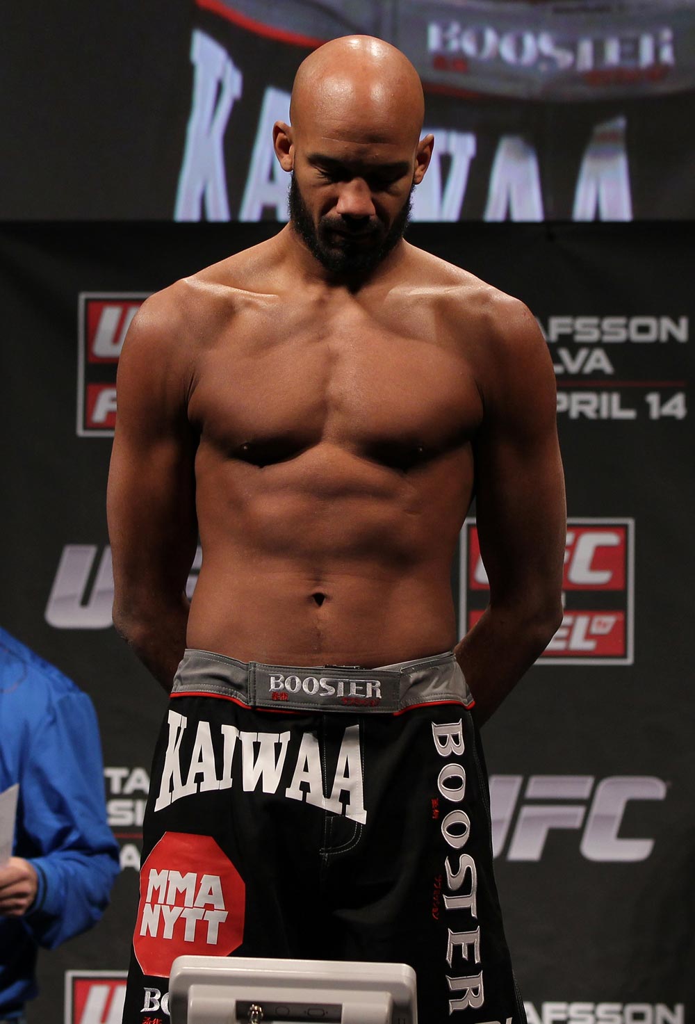 STOCKHOLM, SWEDEN - APRIL 13: Cyrille Diabate of France weighs in during the official UFC on Fuel TV weigh in event at Ericsson Globe on April 13, 2012 in Stockholm, Sweden. (Photo by Josh Hedges/Zuffa LLC/Zuffa LLC via Getty Images)