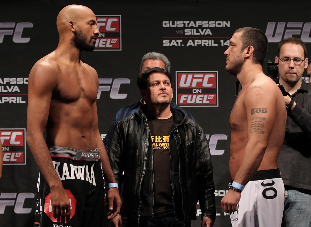 STOCKHOLM, SWEDEN - APRIL 13: (L-R) Light heavyweight opponents Cyrille Diabate and Tom DeBlass face off after weighing in during the official UFC on Fuel TV weigh in event at Ericsson Globe on April 13, 2012 in Stockholm, Sweden. (Photo by Josh Hedges/Zuffa LLC/Zuffa LLC via Getty Images)