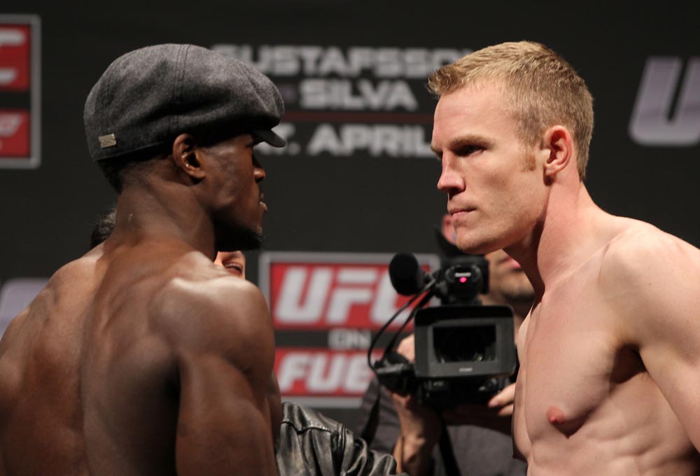 STOCKHOLM, SWEDEN - APRIL 13: (L-R) Welterweight opponents Papy Abedi and James Head face off after weighing in during the official UFC on Fuel TV weigh in event at Ericsson Globe on April 13, 2012 in Stockholm, Sweden. (Photo by Josh Hedges/Zuffa LLC/Zuffa LLC via Getty Images)