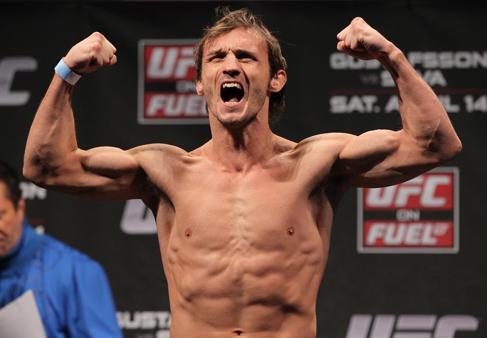 STOCKHOLM, SWEDEN - APRIL 13: Brad Pickett of England weighs in during the official UFC on Fuel TV weigh in event at Ericsson Globe on April 13, 2012 in Stockholm, Sweden. (Photo by Josh Hedges/Zuffa LLC/Zuffa LLC via Getty Images)