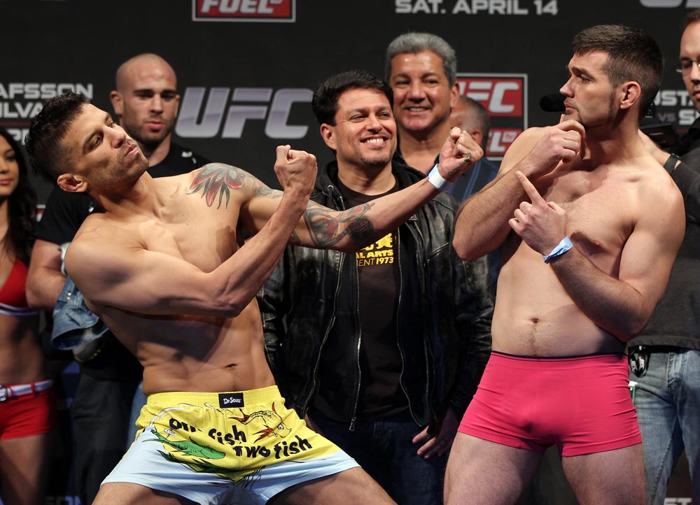 STOCKHOLM, SWEDEN - APRIL 13: (L-R) Welterweight opponents DaMarques Johnson and John Maguire face off after weighing in during the official UFC on Fuel TV weigh in event at Ericsson Globe on April 13, 2012 in Stockholm, Sweden. (Photo by Josh Hedges/Zuffa LLC/Zuffa LLC via Getty Images)