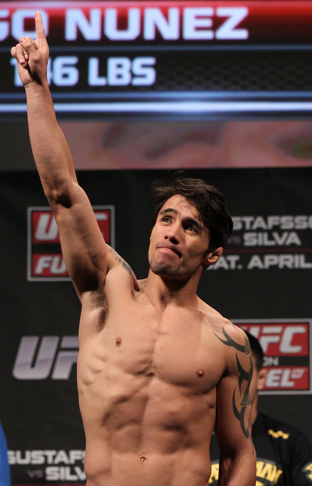 STOCKHOLM, SWEDEN - APRIL 13: Diego Nunes of Brazil weighs in during the official UFC on Fuel TV weigh in event at Ericsson Globe on April 13, 2012 in Stockholm, Sweden. (Photo by Josh Hedges/Zuffa LLC/Zuffa LLC via Getty Images)