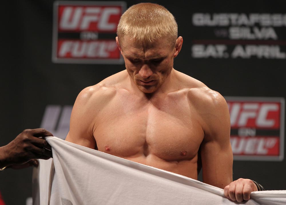 STOCKHOLM, SWEDEN - APRIL 13: Dennis Siver of Germany weighs in during the official UFC on Fuel TV weigh in event at Ericsson Globe on April 13, 2012 in Stockholm, Sweden. (Photo by Josh Hedges/Zuffa LLC/Zuffa LLC via Getty Images)