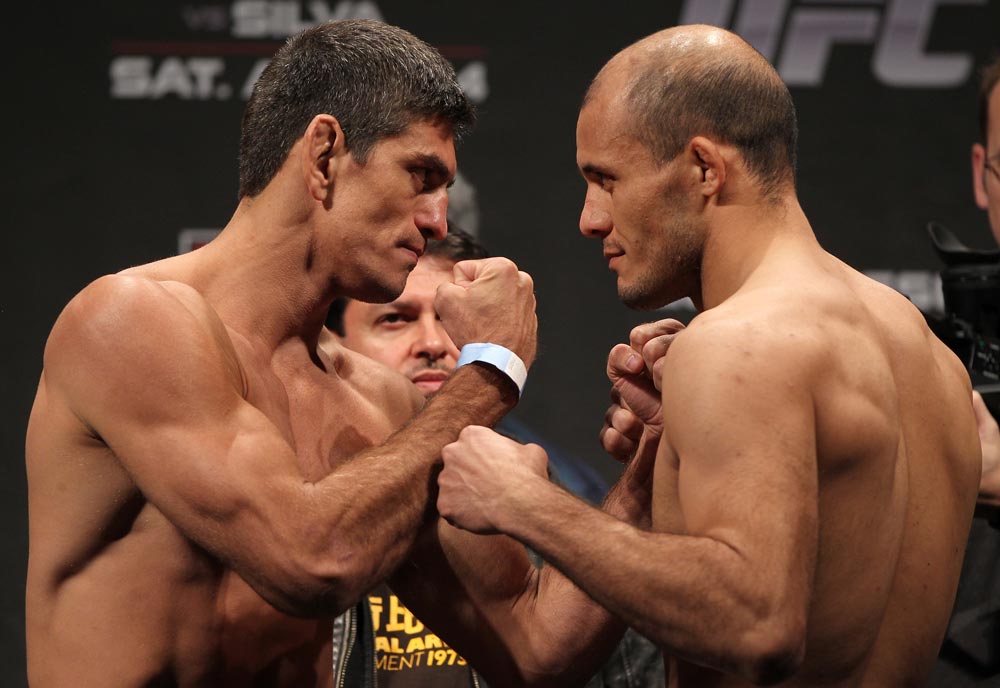STOCKHOLM, SWEDEN - APRIL 13: (L-R) Welterweight opponents Paulo Thiago and Siyar Bahadurzada face off after weighing in during the official UFC on Fuel TV weigh in event at Ericsson Globe on April 13, 2012 in Stockholm, Sweden. (Photo by Josh Hedges/Zuffa LLC/Zuffa LLC via Getty Images)