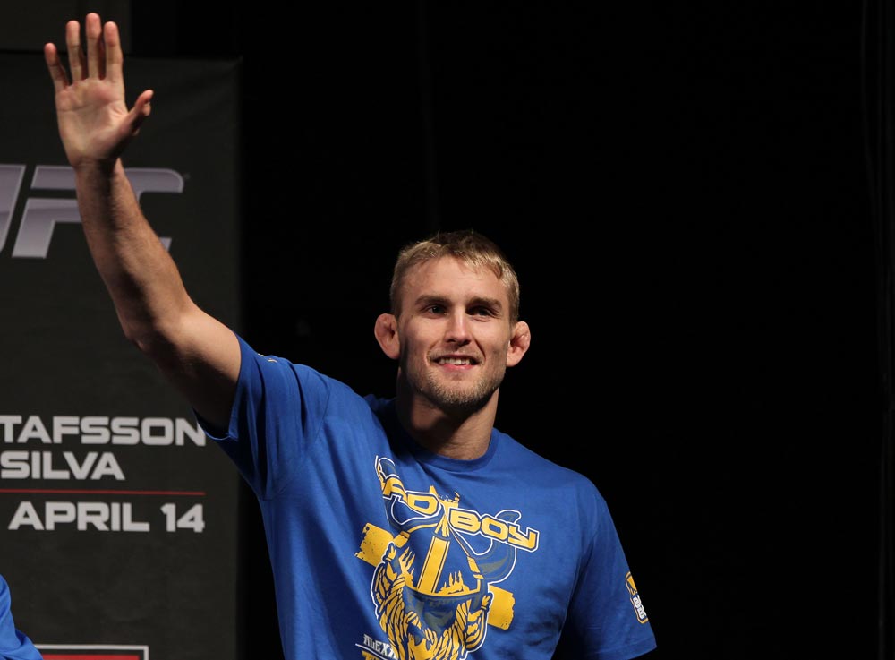STOCKHOLM, SWEDEN - APRIL 13: Alexander Gustafsson of Sweden salutes his hometown crowd during the official UFC on Fuel TV weigh in event at Ericsson Globe on April 13, 2012 in Stockholm, Sweden. (Photo by Josh Hedges/Zuffa LLC/Zuffa LLC via Getty Images)