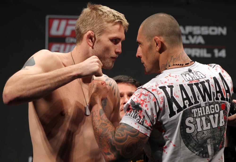 STOCKHOLM, SWEDEN - APRIL 13: (L-R) Light heavyweight opponents Alexander Gustafsson of Sweden and Thiago Silva of Brazil face off aftering weighing in during the official UFC on Fuel TV weigh in event at Ericsson Globe on April 13, 2012 in Stockholm, Sweden. (Photo by Josh Hedges/Zuffa LLC/Zuffa LLC via Getty Images)
