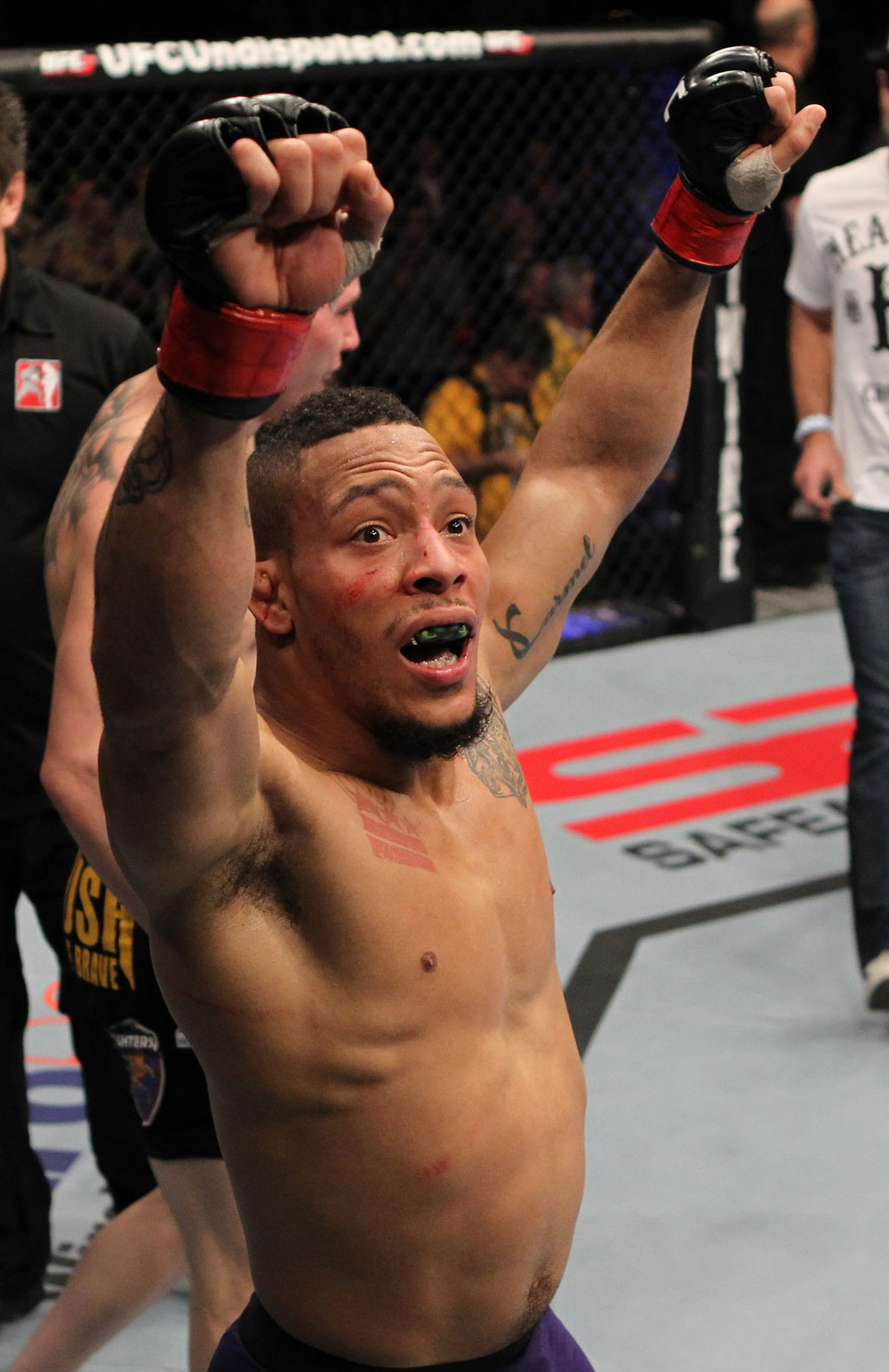 NASHVILLE, TN - JANUARY 20:  Mike Easton reacts after his victory over Jared Papazian during the UFC on FX event at Bridgestone Arena on January 20, 2012 in Nashville, Tennessee.  (Photo by Josh Hedges/Zuffa LLC/Zuffa LLC via Getty Images)