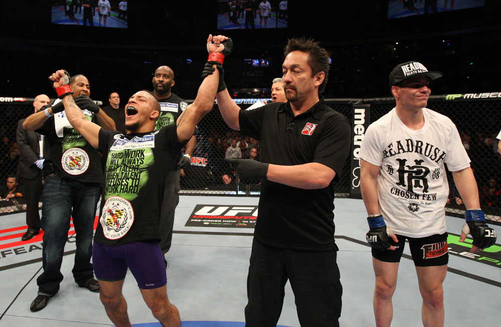 NASHVILLE, TN - JANUARY 20:  Mike Easton (L) reacts after his victory over Jared Papazian during the UFC on FX event at Bridgestone Arena on January 20, 2012 in Nashville, Tennessee.  (Photo by Josh Hedges/Zuffa LLC/Zuffa LLC via Getty Images)