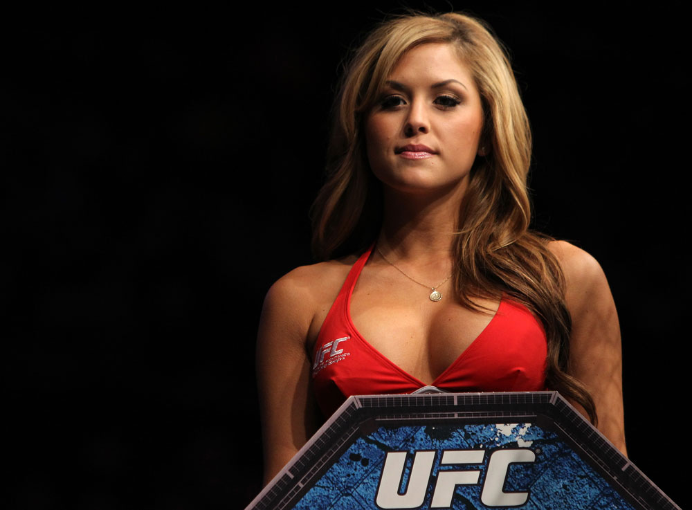 NASHVILLE, TN - JANUARY 20:  UFC Octagon Girl Brittney Palmer introduces round one before the Camoes v Hayden bout during the UFC on FX event at Bridgestone Arena on January 20, 2012 in Nashville, Tennessee.  (Photo by Josh Hedges/Zuffa LLC/Zuffa LLC via Getty Images)