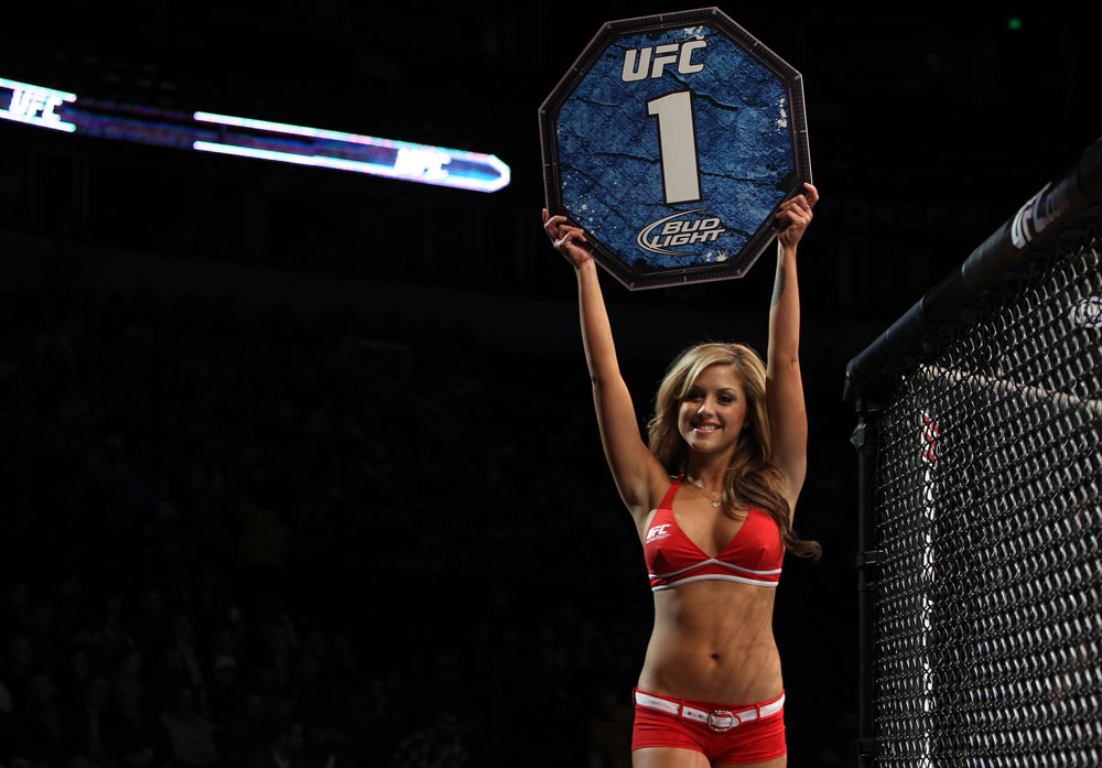 NASHVILLE, TN - JANUARY 20:  UFC Octagon Girl Brittney Palmer introduces round one before the Camoes v Hayden bout during the UFC on FX event at Bridgestone Arena on January 20, 2012 in Nashville, Tennessee.  (Photo by Josh Hedges/Zuffa LLC/Zuffa LLC via Getty Images)