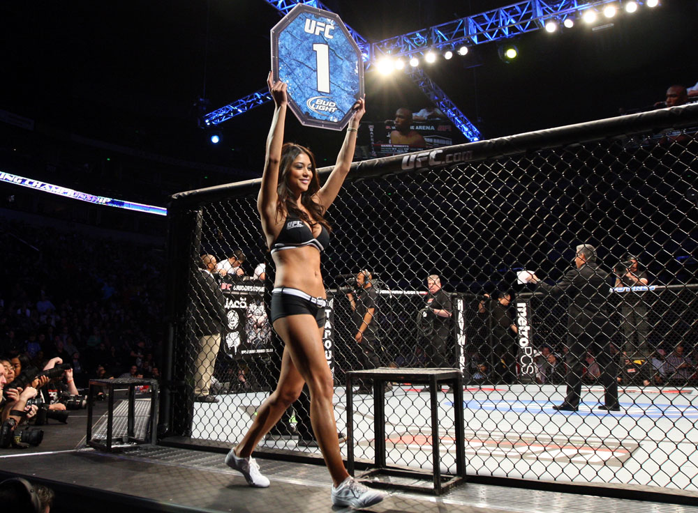 NASHVILLE, TN - JANUARY 20:  UFC Octagon Girl Arianny Celeste introduces round one before the Brenneman vs Roberts bout during the UFC on FX event at Bridgestone Arena on January 20, 2012 in Nashville, Tennessee.  (Photo by Josh Hedges/Zuffa LLC/Zuffa LLC via Getty Images)