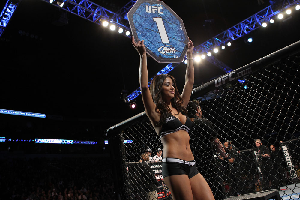NASHVILLE, TN - JANUARY 20:  UFC Octagon Girl Arianny Celeste introduces round one before the Easton vs Papazian bout during the UFC on FX event at Bridgestone Arena on January 20, 2012 in Nashville, Tennessee.  (Photo by Josh Hedges/Zuffa LLC/Zuffa LLC via Getty Images)