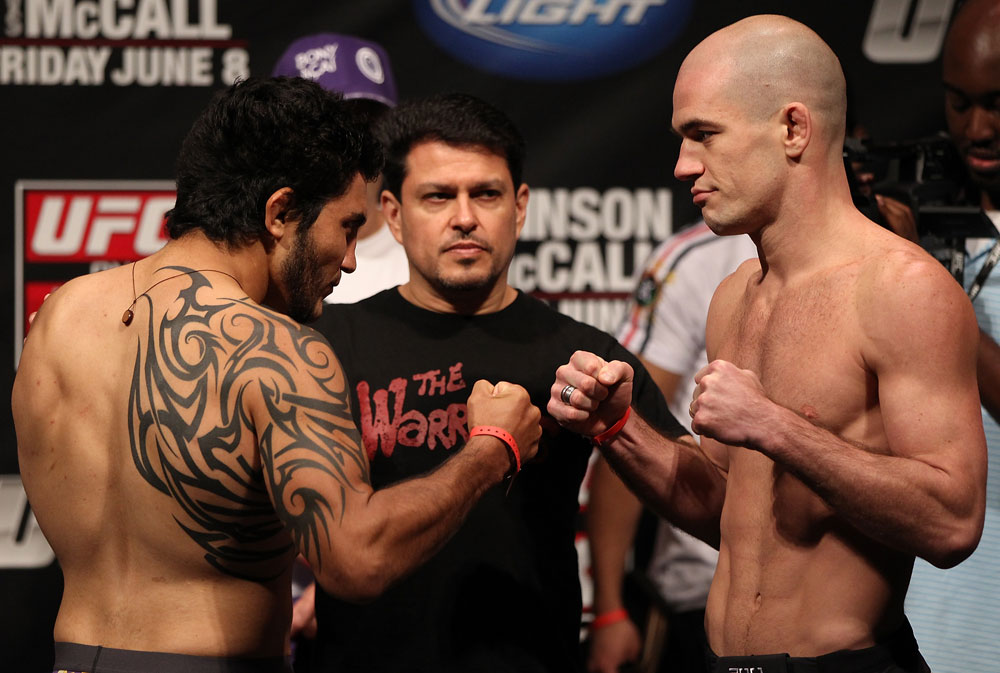 SUNRISE, FL - JUNE 07:   (L-R) Opponents Henry Martinez and Bernardo Magalhaes face off after making weight during the UFC on FX 3 official weigh in at Bank Atlantic Center on June 7, 2012 in Sunrise, Florida.  (Photo by Josh Hedges/Zuffa LLC/Zuffa LLC via Getty Images)