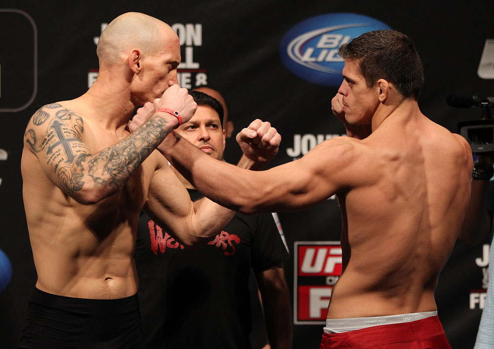 SUNRISE, FL - JUNE 07:   (L-R) Opponents Buddy Roberts and Caio Magalhaes face off after making weight during the UFC on FX 3 official weigh in at Bank Atlantic Center on June 7, 2012 in Sunrise, Florida.  (Photo by Josh Hedges/Zuffa LLC/Zuffa LLC via Getty Images)