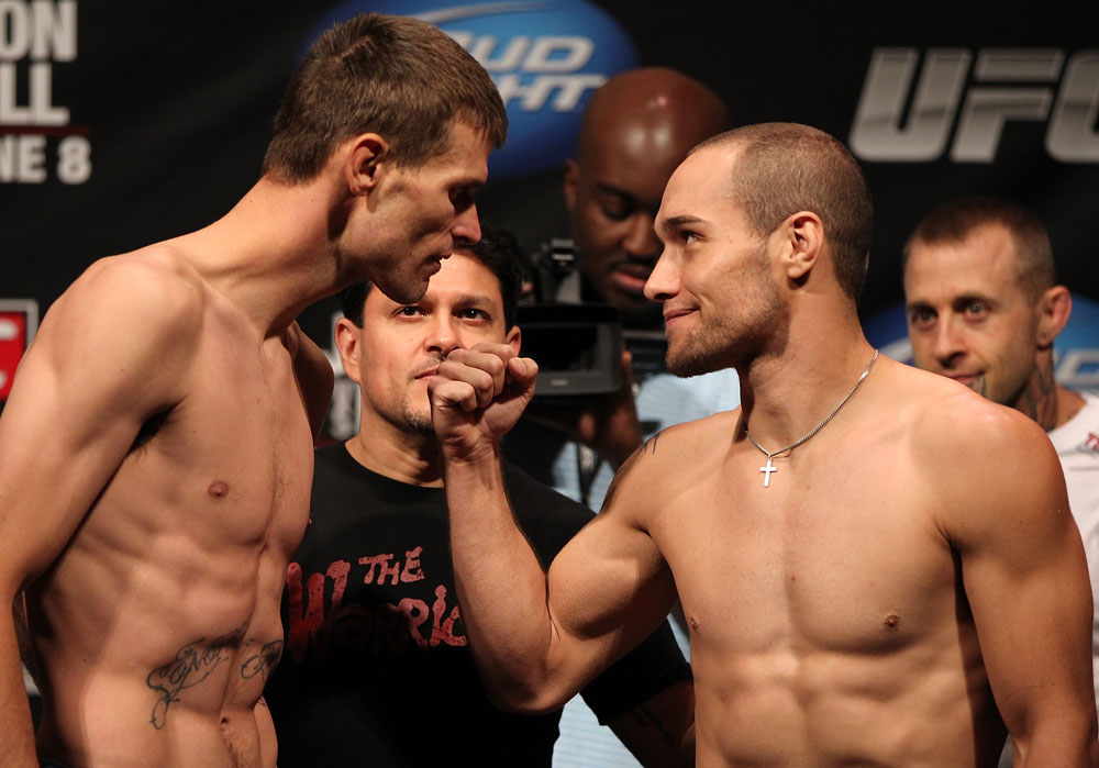 SUNRISE, FL - JUNE 07:   (L-R) Opponents Tim Means and Justin Salas face off after making weight during the UFC on FX 3 official weigh in at Bank Atlantic Center on June 7, 2012 in Sunrise, Florida.  (Photo by Josh Hedges/Zuffa LLC/Zuffa LLC via Getty Images)
