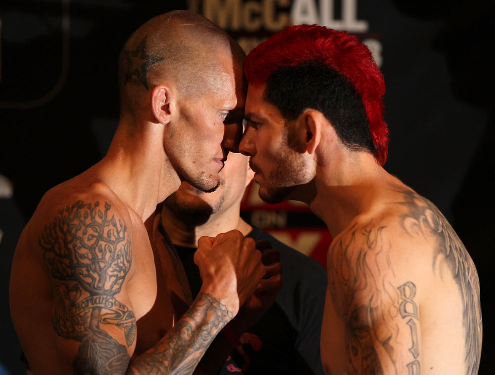 SUNRISE, FL - JUNE 07:   (L-R) Opponents Dustin Pague and Jared Papazian face off after making weight during the UFC on FX 3 official weigh in at Bank Atlantic Center on June 7, 2012 in Sunrise, Florida.  (Photo by Josh Hedges/Zuffa LLC/Zuffa LLC via Getty Images)