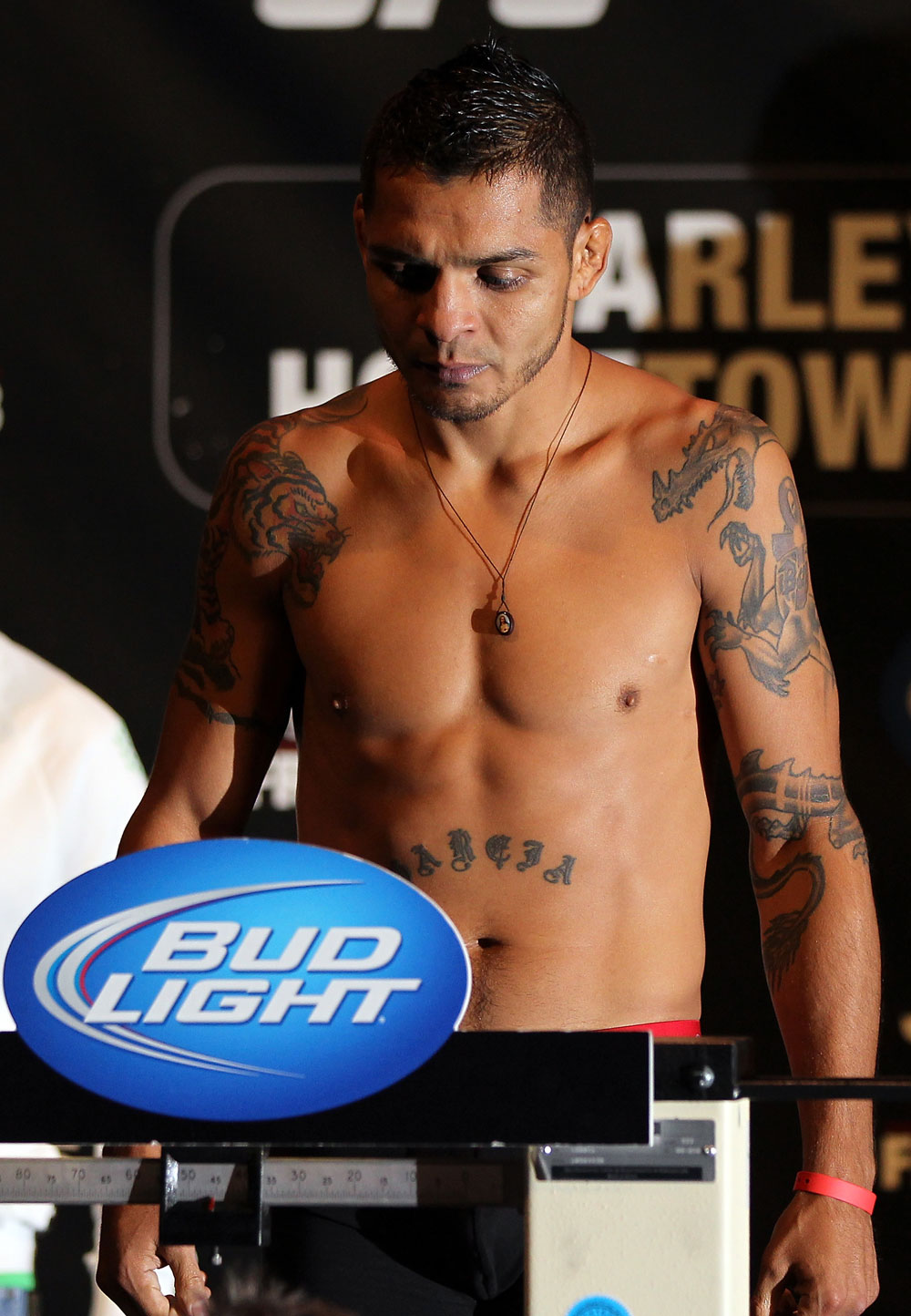 SUNRISE, FL - JUNE 07:   Leonard Garcia makes weight during the UFC on FX 3 official weigh in at Bank Atlantic Center on June 7, 2012 in Sunrise, Florida.  (Photo by Josh Hedges/Zuffa LLC/Zuffa LLC via Getty Images)