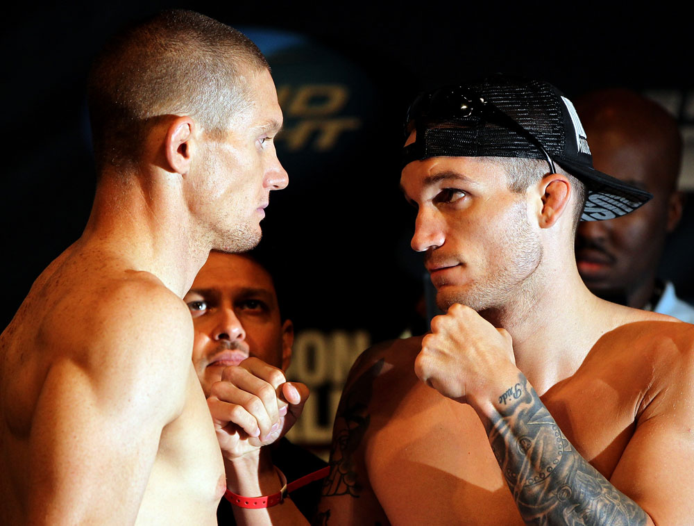 SUNRISE, FL - JUNE 07:   (L-R) Welterweight opponents Seth Baczynski and Lance Benoist face off after making weight during the UFC on FX 3 official weigh in at Bank Atlantic Center on June 7, 2012 in Sunrise, Florida.  (Photo by Josh Hedges/Zuffa LLC/Zuffa LLC via Getty Images)