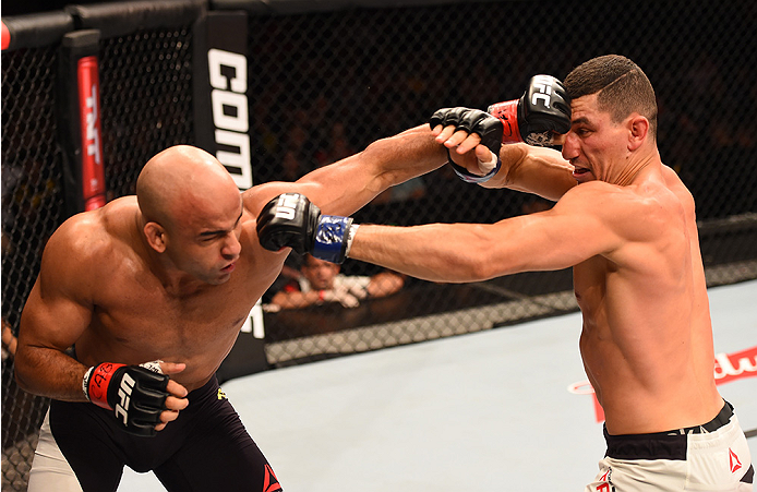 Warlley Alves of Brazil punches Nordine Taleb of Canada in their welterweight bout during UFC 190 on August 1, 2015 in Rio de Janeiro, Brazil. (Photo by Josh Hedges/Zuffa LLC)