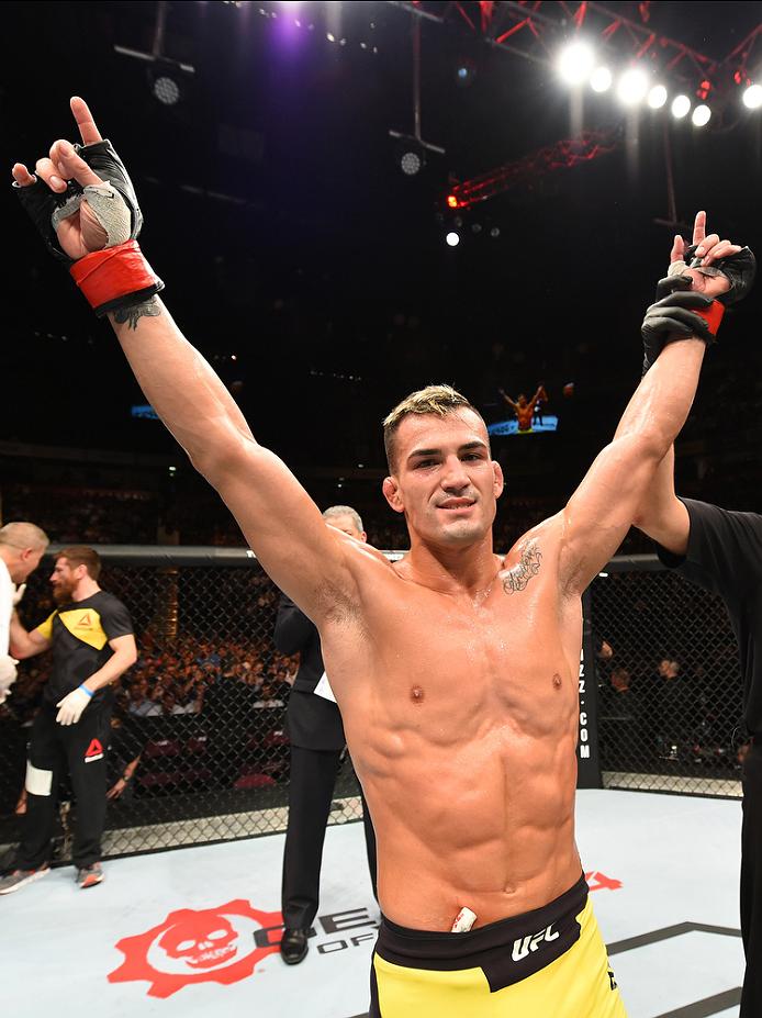 Bektic celebrates his victory over <a href='../fighter/Russell-Doane'>Russell Doane</a> during their bout at UFC 204