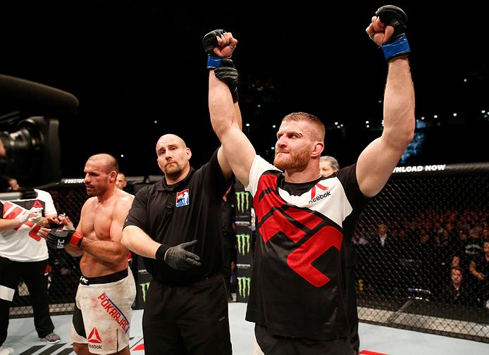 Jan Blachowicz celebrates his victory over <a href='../fighter/Igor-Pokrajac'>Igor Pokrajac</a> from their bout in April of 2016