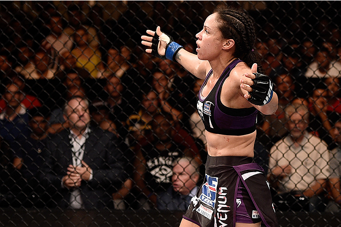 Marion Reneau celebrates after defeating Jessica Andrade in their bout at UFC Fight Night on February 22, 2015 in Brazil. (Photo by Buda Mendes/Zuffa LLC)