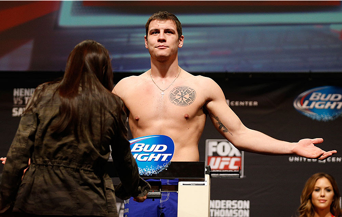 Nikita Krylov of the Ukraine steps on the scale during the UFC 201 weigh-in at Fox Theatre on July 29, 2016 in Atlanta, Georgia. (Photo by Jeff Bottari/Zuffa LLC)