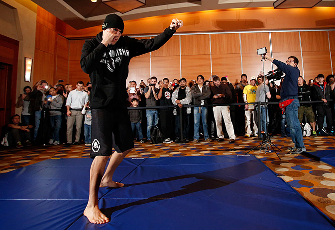 SEATTLE, WA - DECEMBER 05:  Nate Diaz works out for fans and media during the UFC on FOX open workouts on December 5, 2012  at the Grand Hyatt Seattle in Seattle, Washington.  (Photo by Josh Hedges/Zuffa LLC/Zuffa LLC via Getty Images)