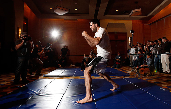 SEATTLE, WA - DECEMBER 05:  Matt Brown works out for fans and media during the UFC on FOX open workouts on December 5, 2012  at the Grand Hyatt Seattle in Seattle, Washington.  (Photo by Josh Hedges/Zuffa LLC/Zuffa LLC via Getty Images)