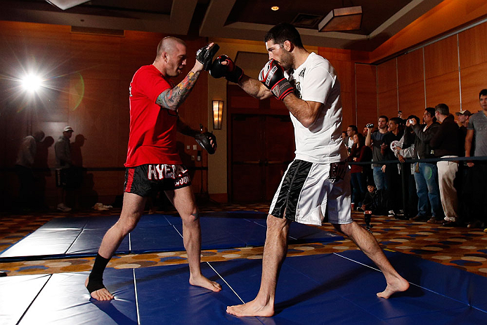 SEATTLE, WA - DECEMBER 05:  Matt Brown works out for fans and media during the UFC on FOX open workouts on December 5, 2012  at the Grand Hyatt Seattle in Seattle, Washington.  (Photo by Josh Hedges/Zuffa LLC/Zuffa LLC via Getty Images)
