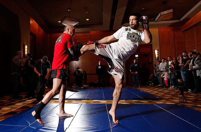 SEATTLE, WA - DECEMBER 05:  Matt Brown works out for fans and media during the UFC on FOX open workouts on December 5, 2012  at the Grand Hyatt Seattle in Seattle, Washington.  (Photo by Josh Hedges/Zuffa LLC/Zuffa LLC via Getty Images)