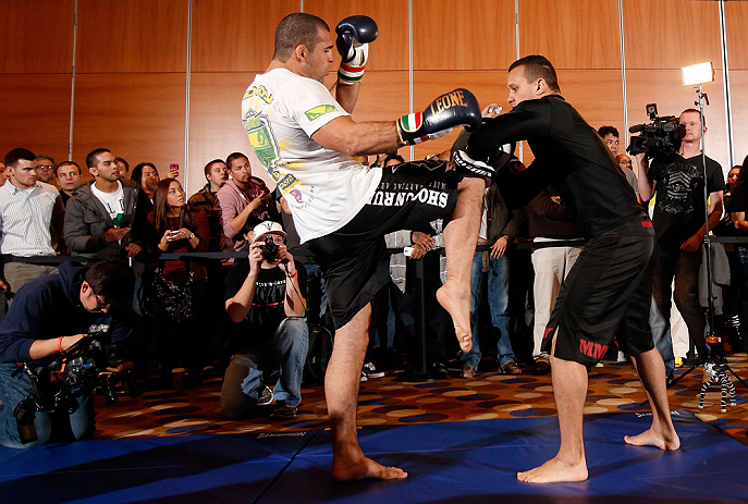 SEATTLE, WA - DECEMBER 05:  Mauricio "Shogun" Rua works out for fans and media during the UFC on FOX open workouts on December 5, 2012  at the Grand Hyatt Seattle in Seattle, Washington.  (Photo by Josh Hedges/Zuffa LLC/Zuffa LLC via Getty Images)