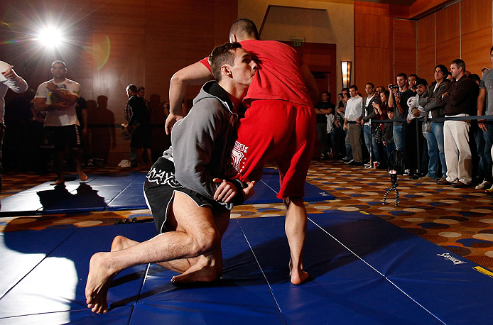 SEATTLE, WA - DECEMBER 05:  Rory MacDonald works out for fans and media during the UFC on FOX open workouts on December 5, 2012  at the Grand Hyatt Seattle in Seattle, Washington.  (Photo by Josh Hedges/Zuffa LLC/Zuffa LLC via Getty Images)