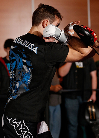 SEATTLE, WA - DECEMBER 05:  Rory MacDonald works out for fans and media during the UFC on FOX open workouts on December 5, 2012  at the Grand Hyatt Seattle in Seattle, Washington.  (Photo by Josh Hedges/Zuffa LLC/Zuffa LLC via Getty Images)